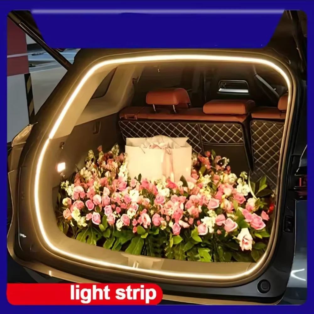 Premium Automatic Interior Trunk Light Strip lighting up an open car boot
